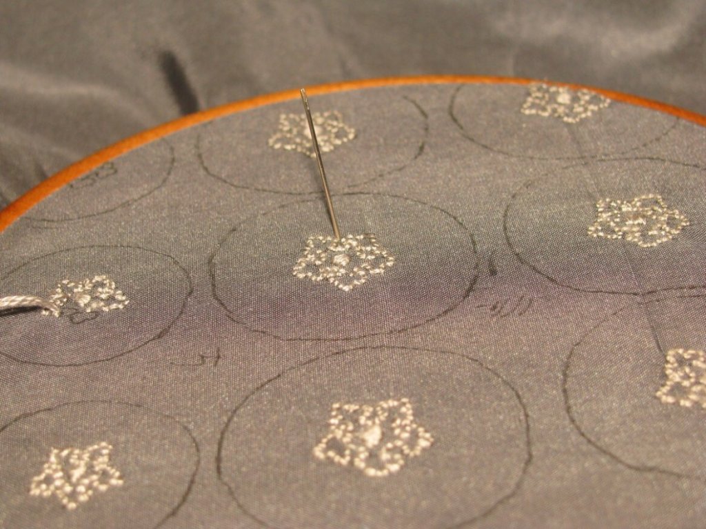 Embroidering the silk covered buttons.